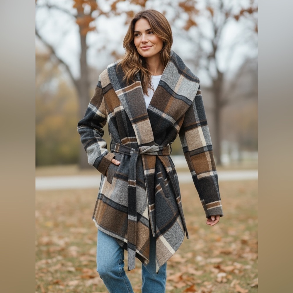 Chicwish Plaid Belted Cape in Black, Brown, and Cream - Size XL